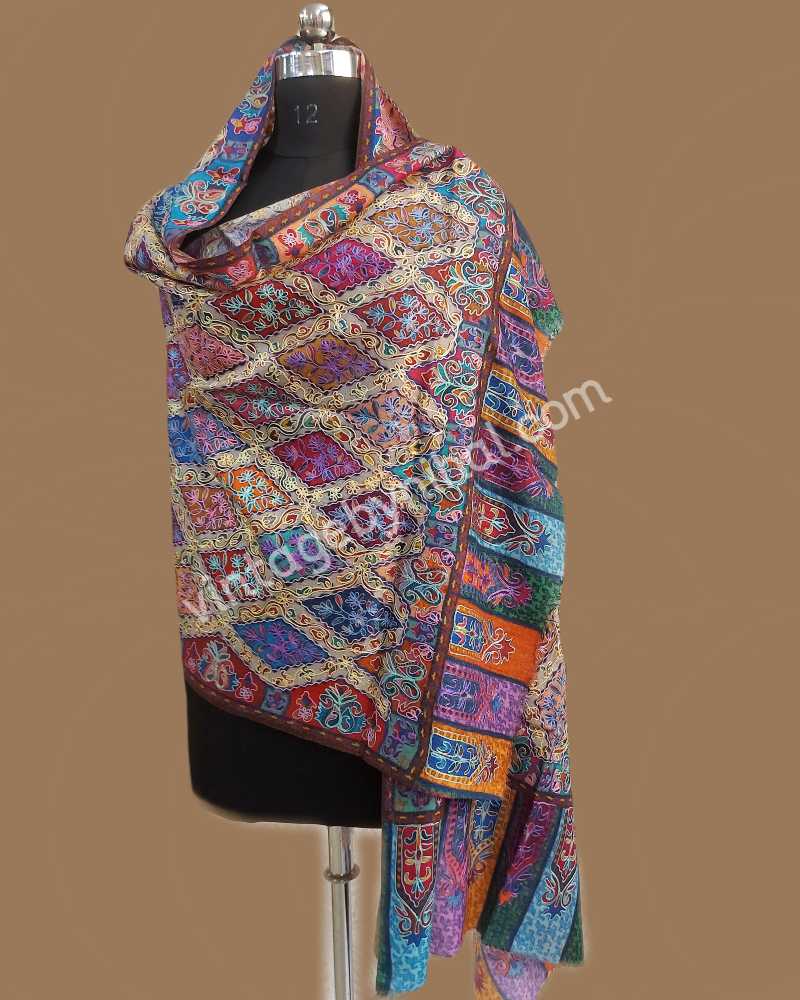 Exclusive Pure Pashmina Kalamkari Embroidered Hand Painted Diamond Pattern Shawl 